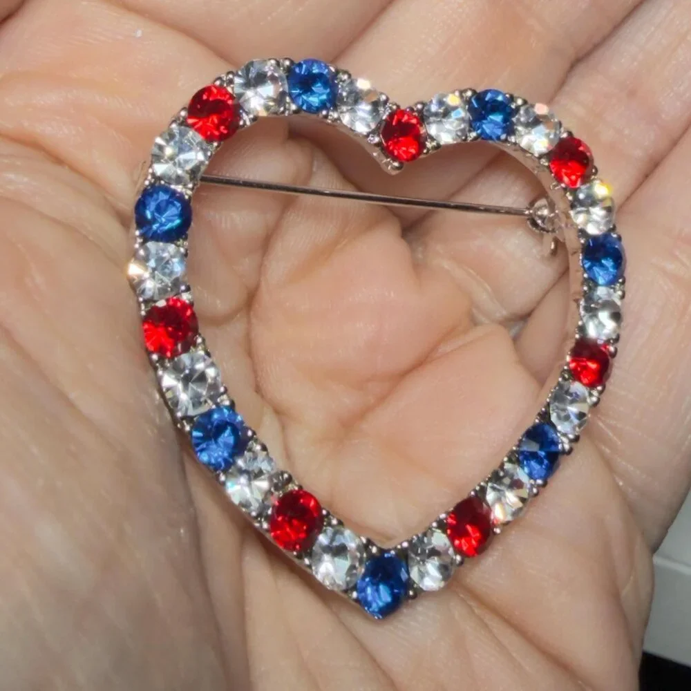 Heart Brooch Red White Blue Rhinestone Open Heart Pin 1.75”